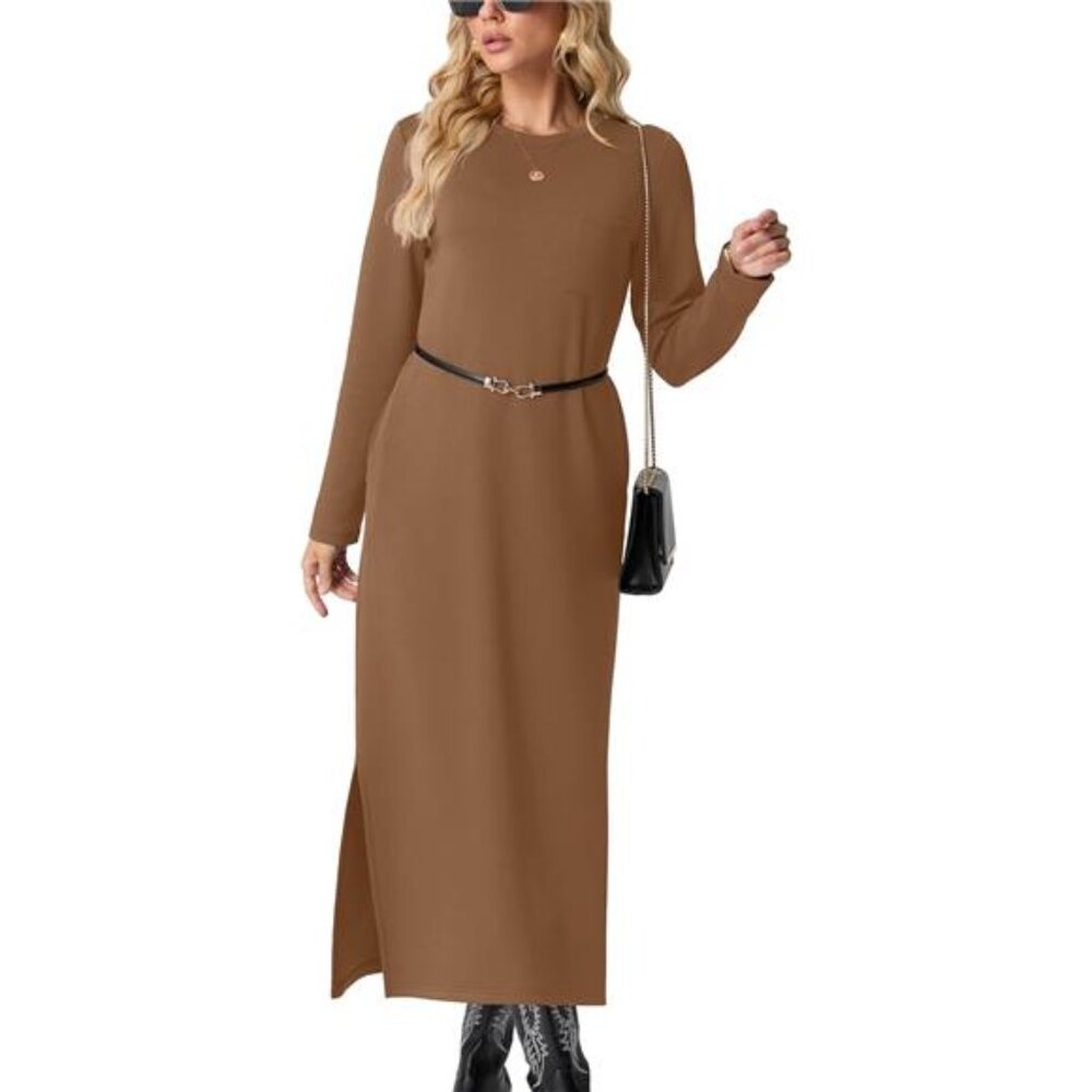 Women's Casual Round Neck Long Sleeve Loose Split Long Maxi Dress with Pockets - Picture 1 of 6